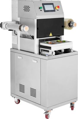 เครื่องปิดผนึกถาดอัตโนมัติเชิงพาณิชย์ พร้อมสแตนเลสสตีล 304 เกรดอาหาร และแม่พิมพ์อะลูมิเนียมอโนไดซ์ 6061 สำหรับบรรจุภัณฑ์ดัดแปลงสภาพบรรยากาศ